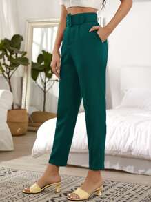 SHEIN Privé Com cinto Simples elegante Calças - Verde - Visão 3