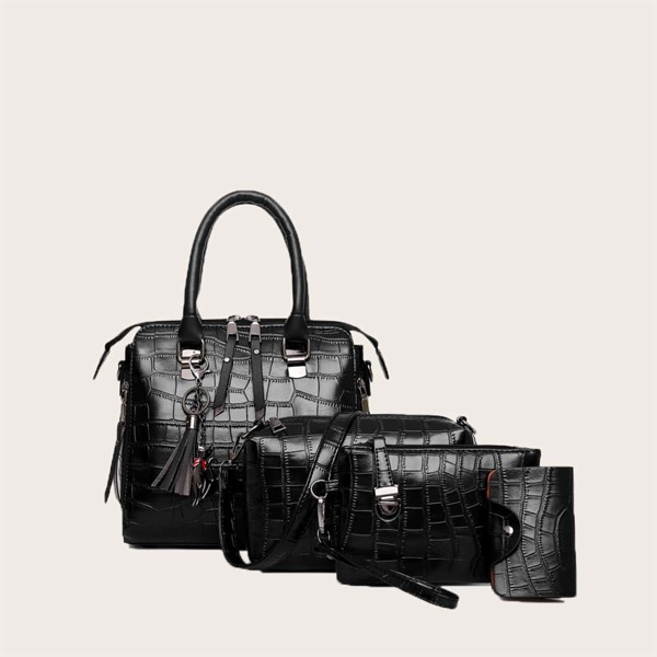 

4pcs Tassel Decor Croc Embossed Duffle Bag Set, Black