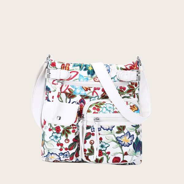 

Floral Pattern Pocket Front Crossbody Bag, Multicolor
