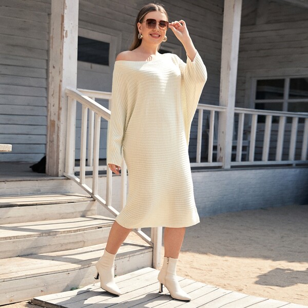 

Plus Solid Batwing Sleeve Knit Dress, Beige