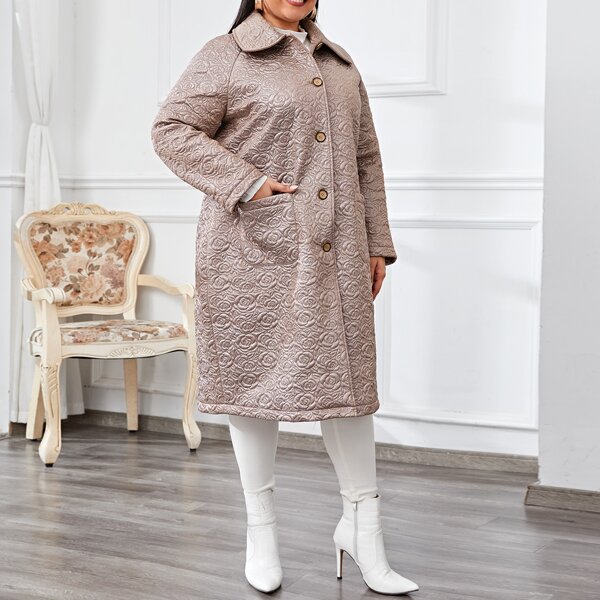 

Plus Floral Texture Dual Pocket PU Coat, Apricot