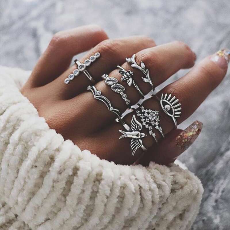 

9pcs Rhinestone & Animal Design Ring, Silver