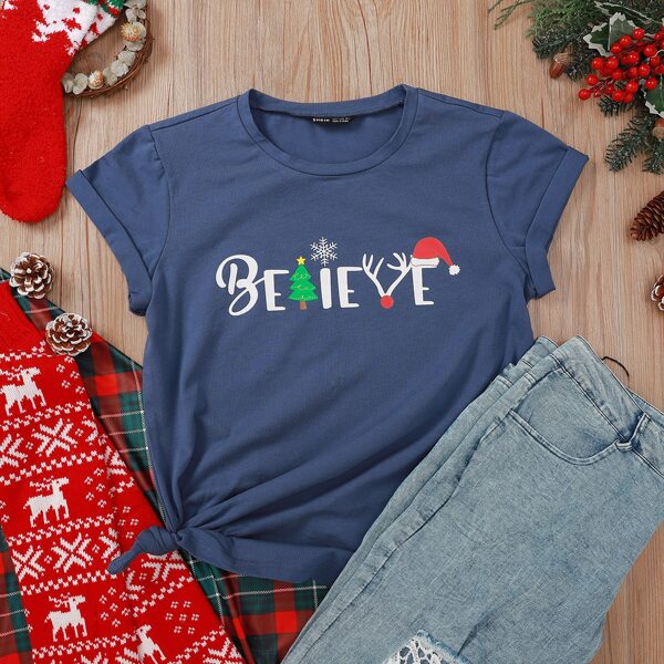 

Christmas & Letter Graphic Tee, Navy blue