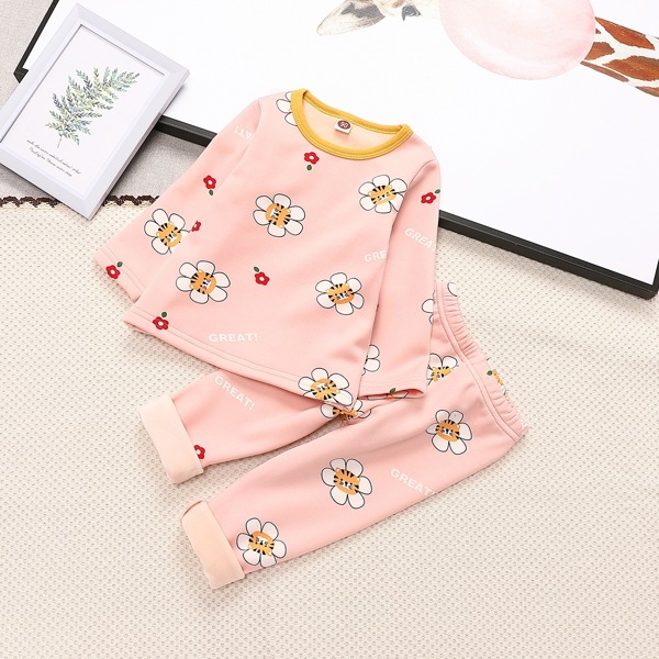 

Toddler Girls Floral And Letter Graphic Thermal Lined PJ Set, Baby pink