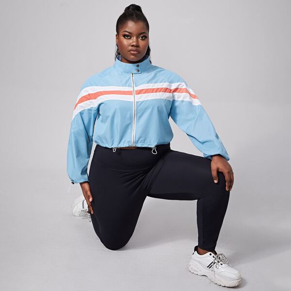 

Plus Striped Drawstring Hem Crop Sports Jacket, Baby blue