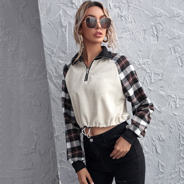 

Plaid Raglan Sleeve Half Zipper Crop Cord Pullover, Beige