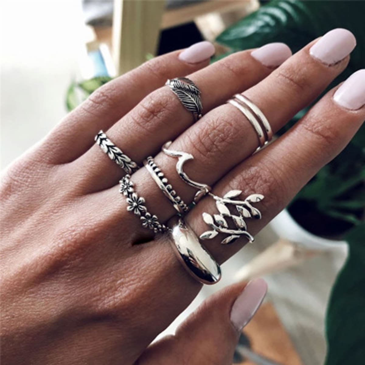 

9pcs Leaf Design Ring, Silver