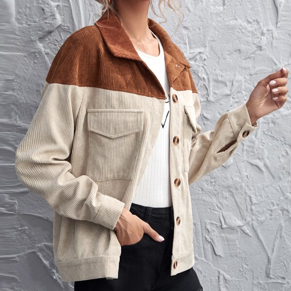 

Flap Pocket Colorblock Cord Padded Jacket, Beige