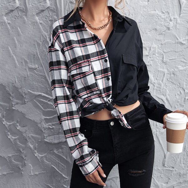 

Button Front Plaid Print Color Block Top, Multicolor