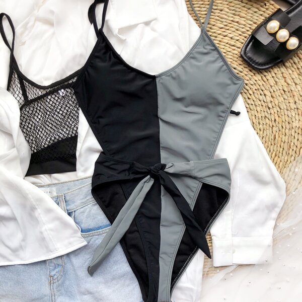 

Two Tone Tie Front One Piece Swimsuit, Multicolor