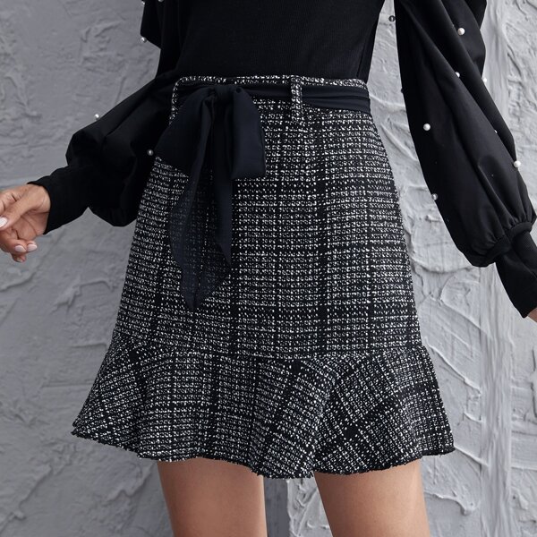 

Ruffle Hem Belted Tweed Skirt, Black and white