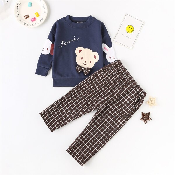 

Toddler Boys Cartoon Graphic Bow Sweatshirt & Plaid Pants, Multicolor