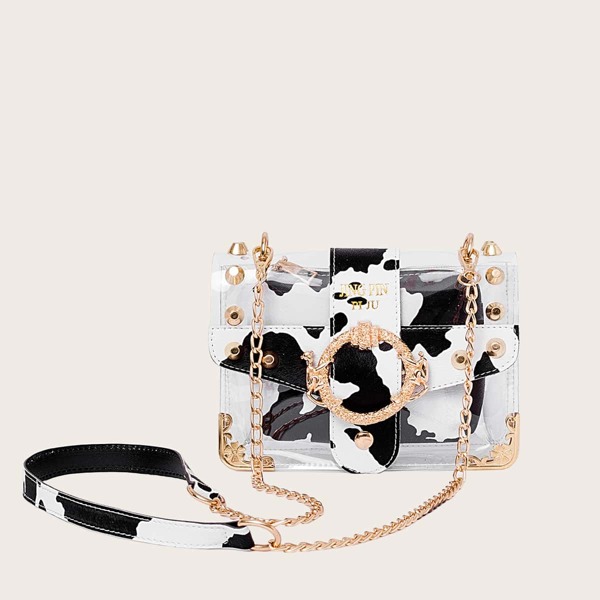 

Clear Studded Decor Square Bag With Inner Pouch, White