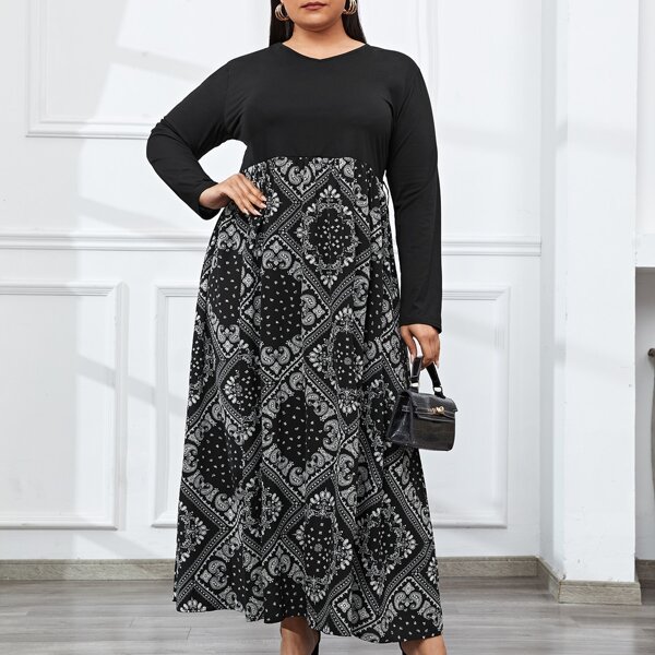 

Plus Contrast Scarf Print V-neck Dress, Black