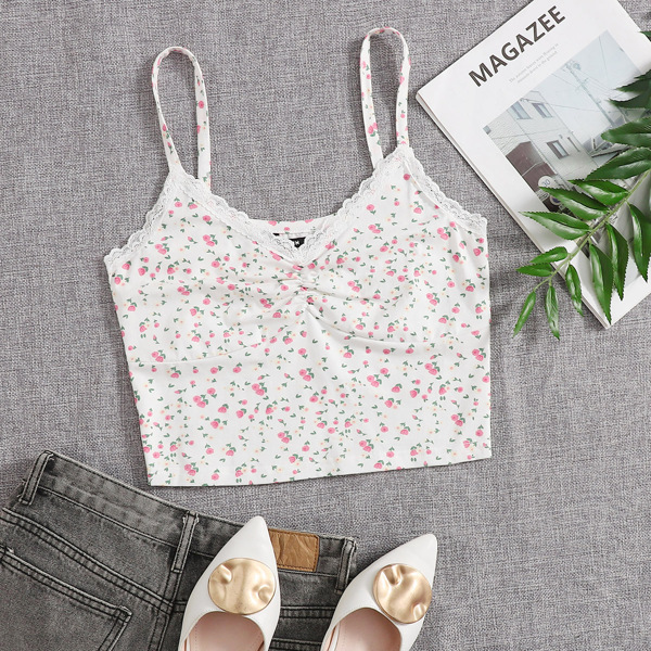 

Ditsy Floral Contrast Lace Cami Top, White