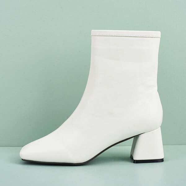 

Square Toe Lace Up Decor Chunky Heeled Boots, White