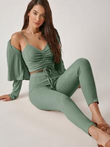 SHEIN Essnce Drawstring Knot Ruched Cami Top & Leggings Set With Coat - Mint Green - View 1