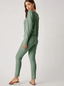 SHEIN Essnce Drawstring Knot Ruched Cami Top & Leggings Set With Coat - Mint Green - View 2