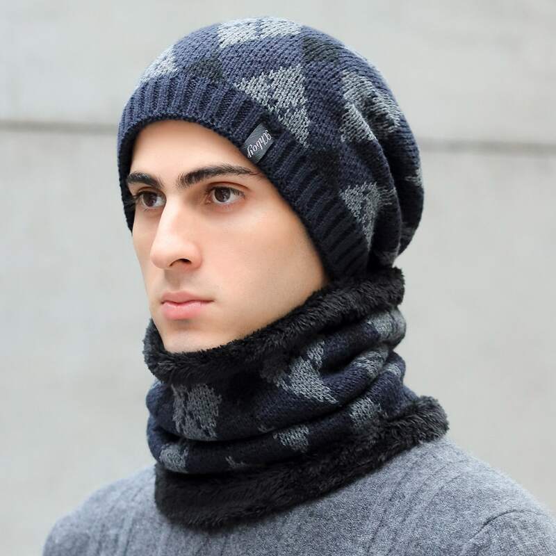 

Guys Geo Pattern Knit One Piece Scarf Beanie, Navy blue