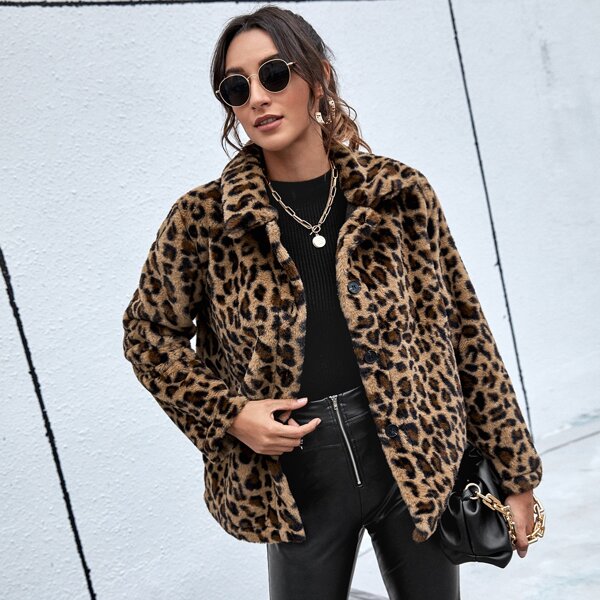 

Leopard Button Front Faux Fur Coat, Multicolor