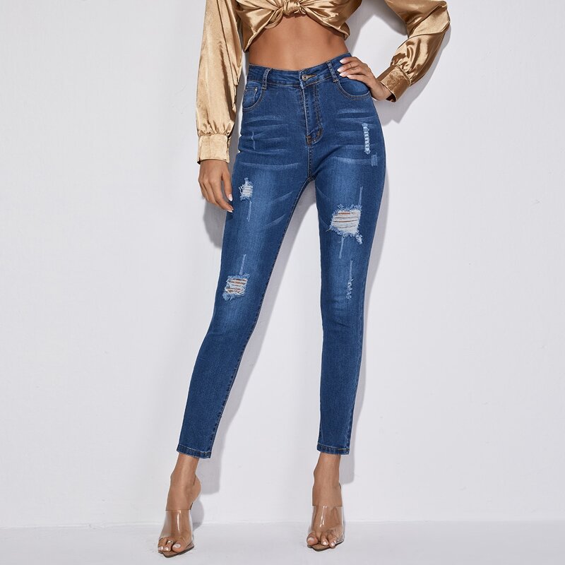 

High Waist High Stretch Ripped Skinny Jeans, Medium wash