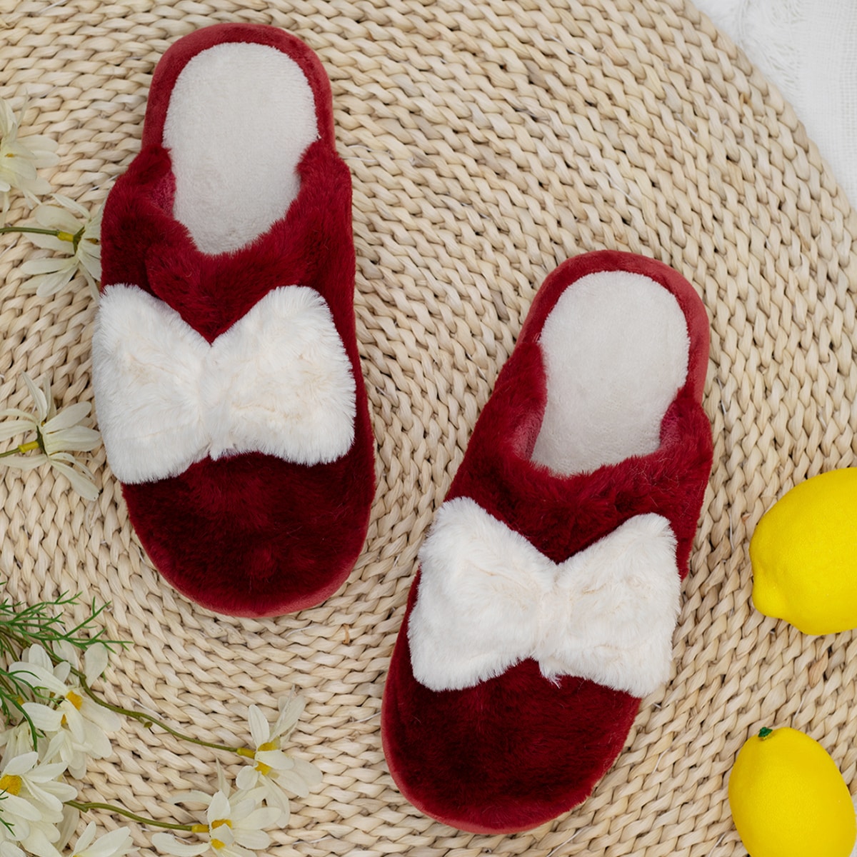Image of Bow Decor Faux Fur Bedroom Slippers
