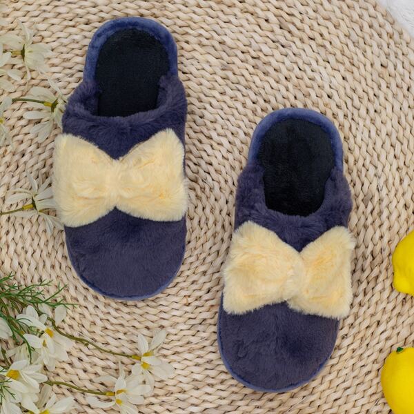 

Bow Decor Faux Fur Bedroom Slippers, Navy blue