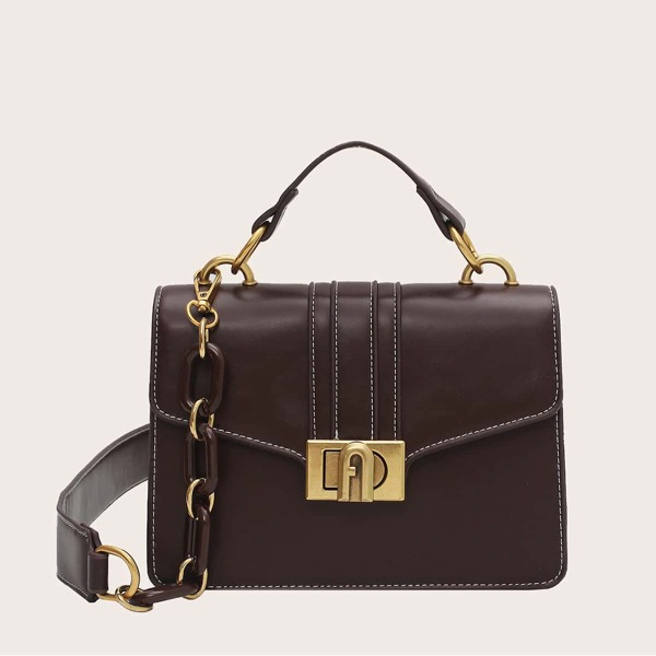 

Metal Lock Flap Satchel Bag, Coffee brown
