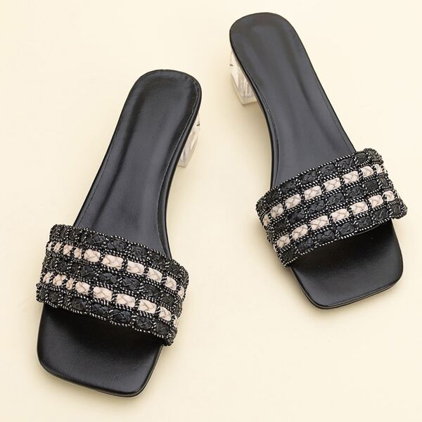 

Open Toe Braided Chunky Heeled Mules, Black