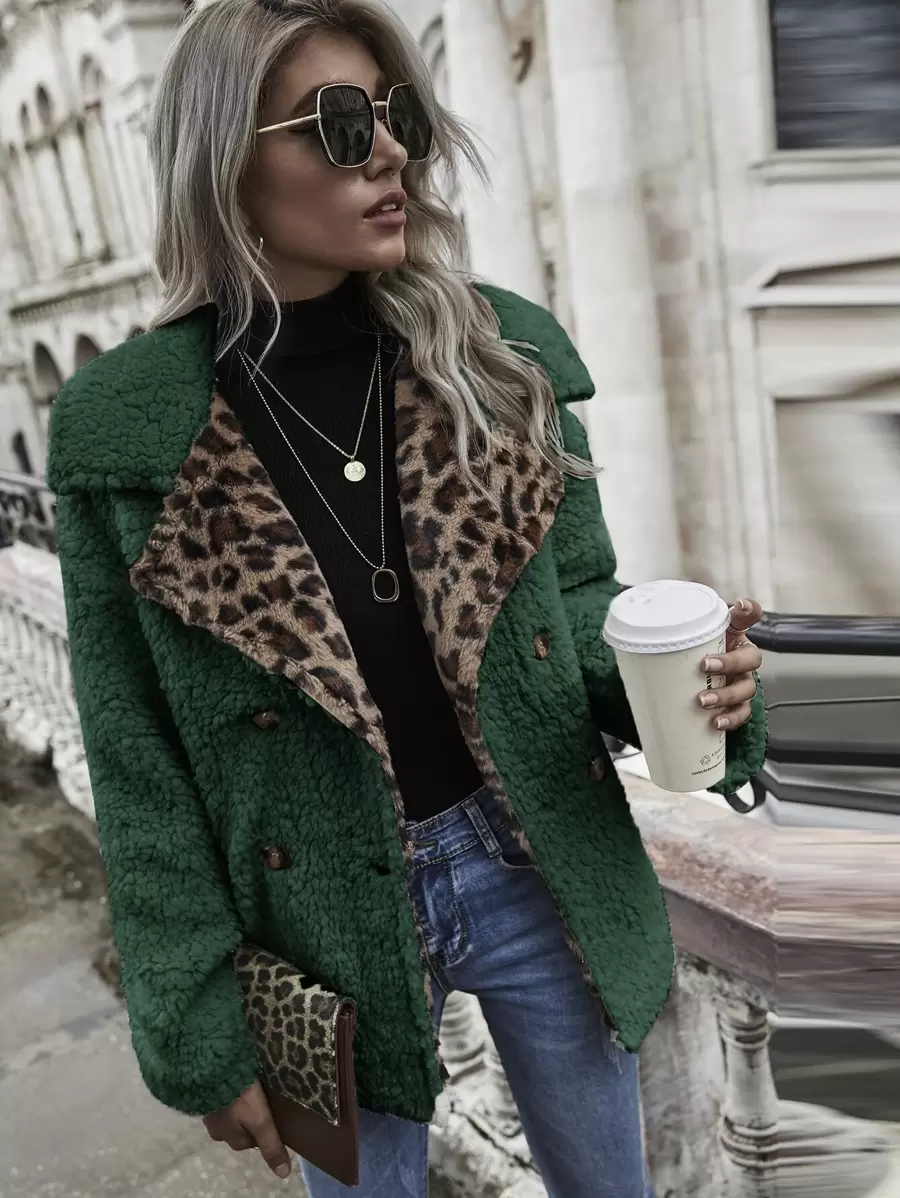 SHEIN LUNE Leopard Print Double Button Teddy Coat - Dark Green - View 1