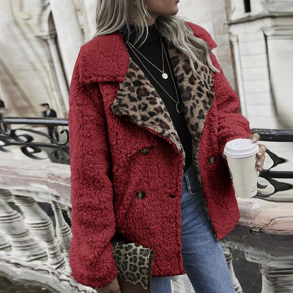 

Leopard Print Double Button Teddy Coat, Red
