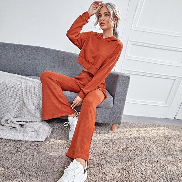 

Drop Shoulder Solid Hoodie & Flare Leg Pants, Rust brown