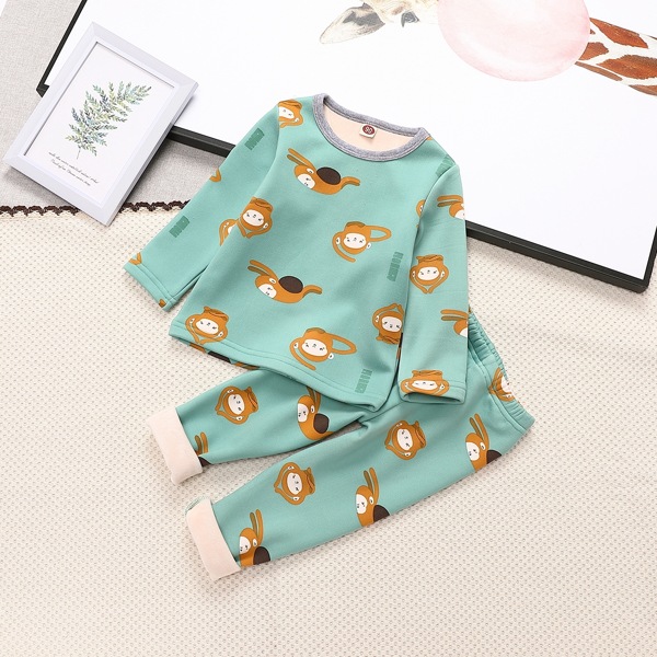 

Toddler Boys Cartoon Monkey Print Thermal Lined PJ Set, Mint green