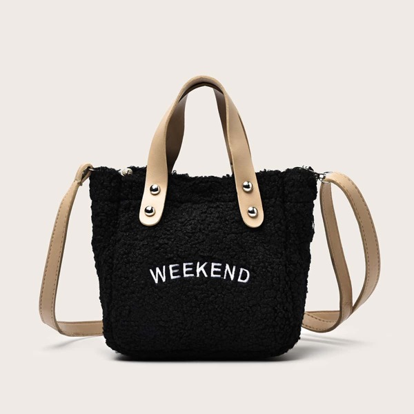 

Girls Letter Graphic Fluffy Satchel Bag, Black
