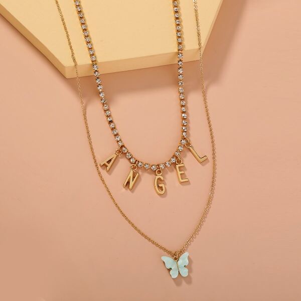 

2pcs Butterfly & Letter Pendant Necklace, Gold