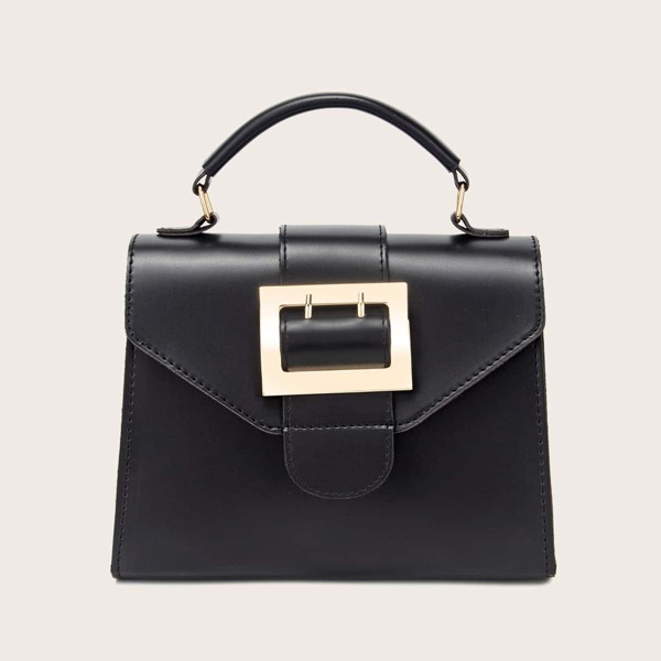 

Buckle Decor Flap Satchel Bag, Black