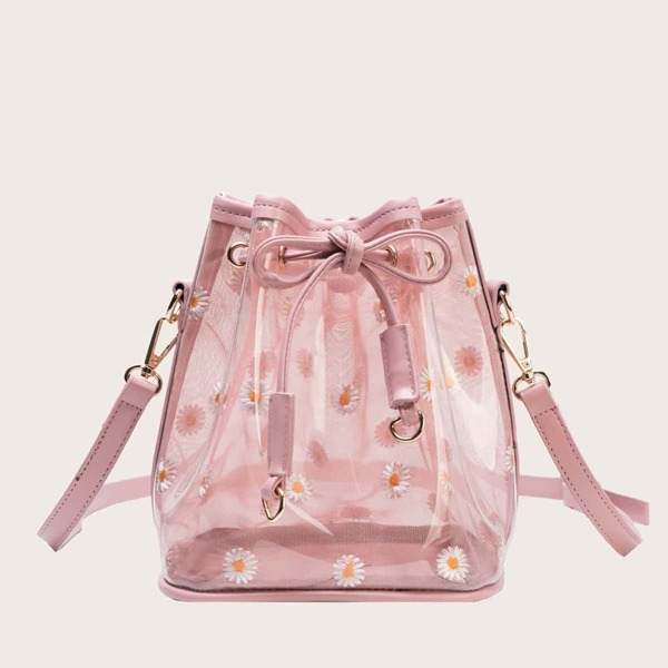 

Clear Daisy Embroidered Bucket Bag, Pink clear