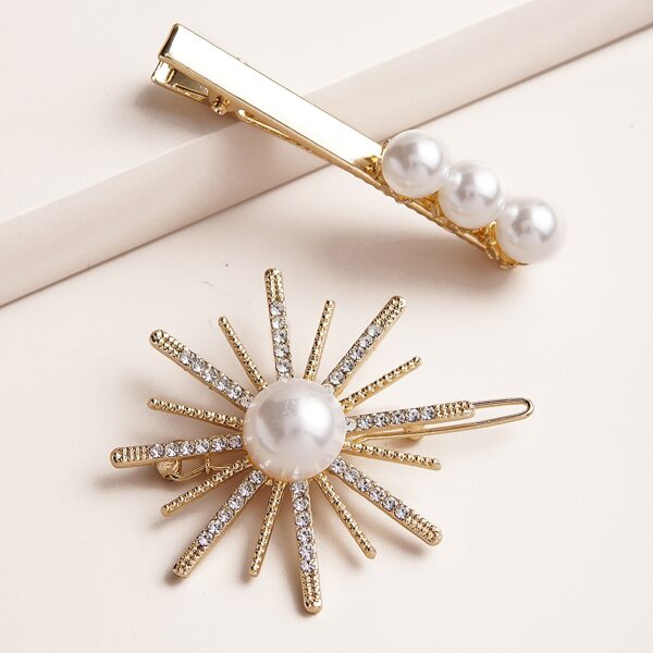 

2pcs Rhinestone & Faux Pearl Decor Hair Clip, Multicolor