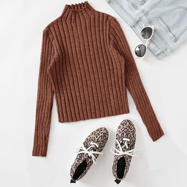 

Plus Lettuce Trim Rib-knit Sweater, Rust brown