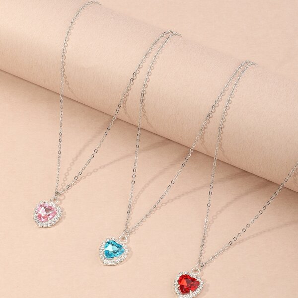 

3pcs Girls Rhinestone Heart Charm Necklace, Multicolor