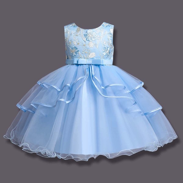 

Girls Floral Tiered Layer Embroidery Mesh Gown Dress, Baby blue