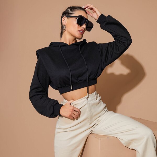 

Shoulder Pad Crop Drawstring Hoodie, Black