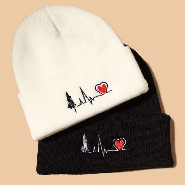 

2pcs Heart Embroidery Beanie, Multicolor