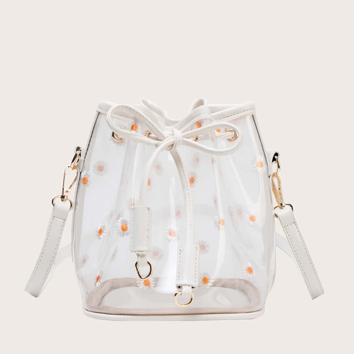 Image of Clear Daisy Embroidered Bucket Bag
