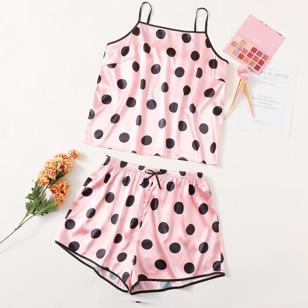 

Plus Satin Polka Dot Contrast Binding Pajama Set, Baby pink