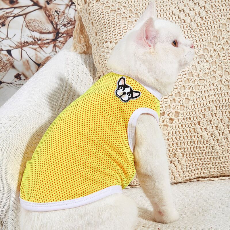 

1pc Contrast Binding Breathable Cat Top, Yellow