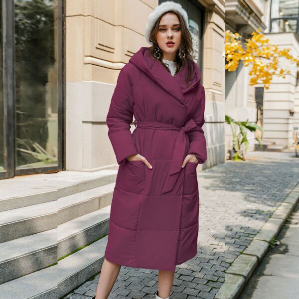 

Double Pocket Hooded Belted Puffer Coat, Red violet