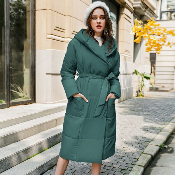 

Double Pocket Hooded Belted Puffer Coat, Dark green