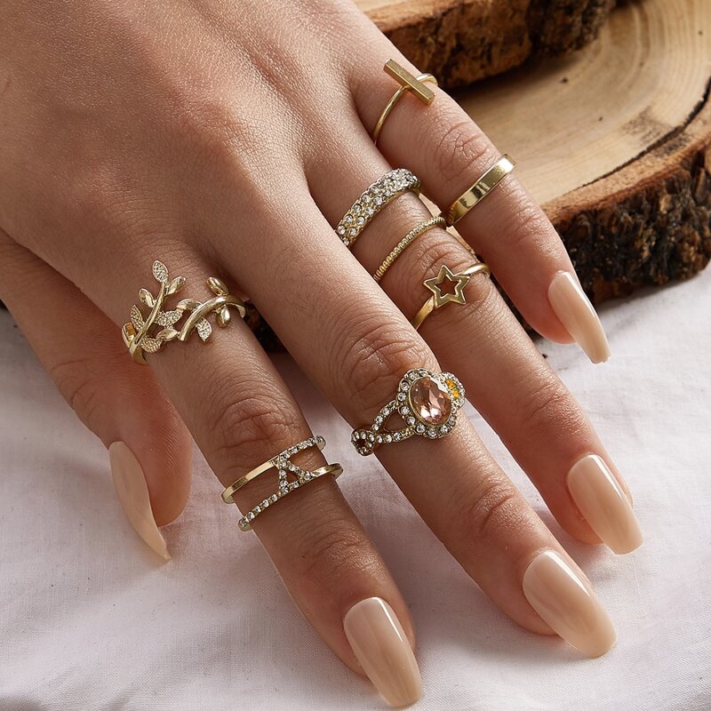 

8pcs Leaf & Star Ring, Gold