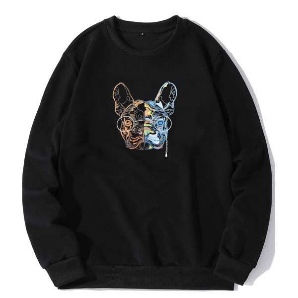 

Men Dog Print Round Neck Sweatshirt, Black
